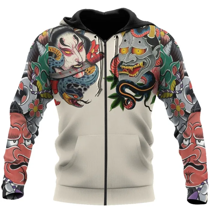 Japanische Kultur - Maskentattoo bedruckt - Hoodie mit Reißverschluss