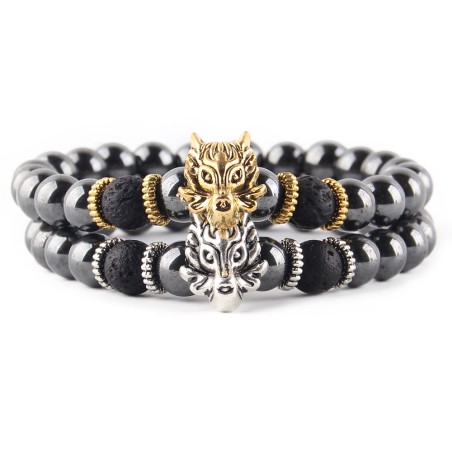 Naturstein - schwarze Perlen - Armband - Wolf / Eule / Buddha aus Metall