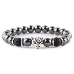 Naturstein - schwarze Perlen - Armband - Wolf / Eule / Buddha aus Metall