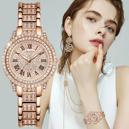 SUNKTA – elegante Quarzuhr mit Kristallen – Roségold