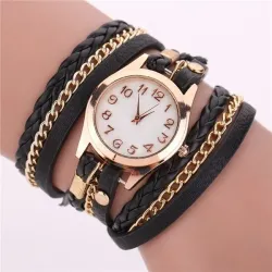 Mehrschichtiges Lederarmband – mit runder Quarzuhr