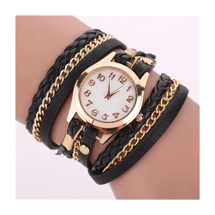 Mehrschichtiges Lederarmband – mit runder Quarzuhr