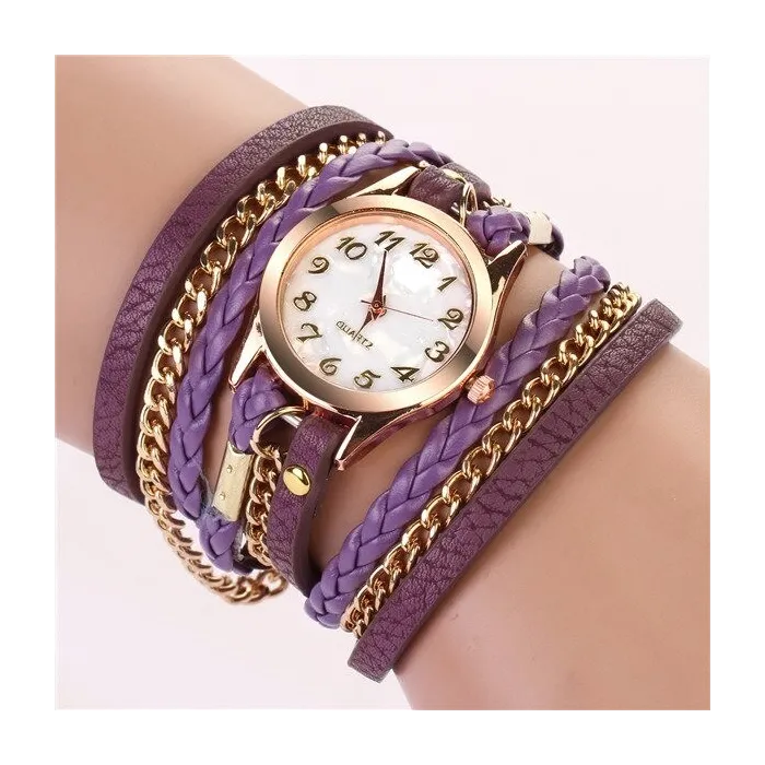 Mehrschichtiges Lederarmband – mit runder Quarzuhr
