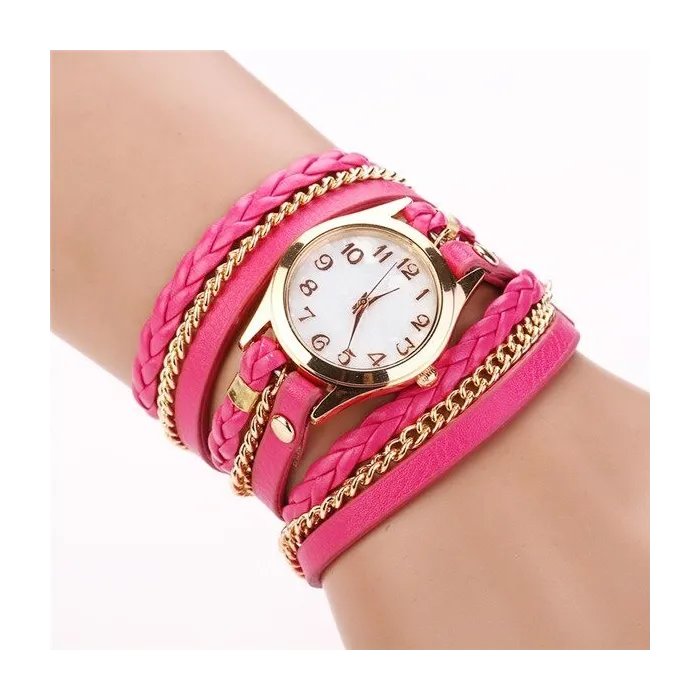 Mehrschichtiges Lederarmband – mit runder Quarzuhr