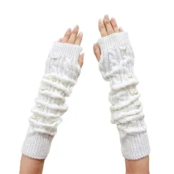 Lange Strickhandschuhe – fingerlos – mit Zierperlen