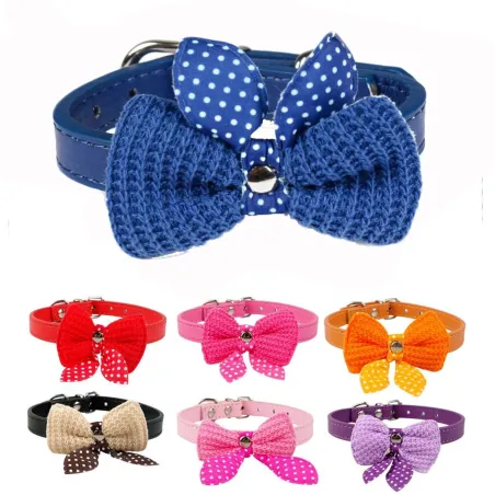 Lederhalsband mit gestrickter Schleife - für Hunde / Katzen