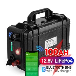 LiFePO4-Akkupack – wasserdicht 40 Ah/100 Ah – integriertes Bluetooth BMS – Wechselrichter mit Ladegerät