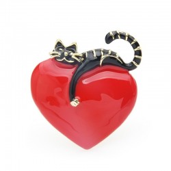 Red heart with lazy cat - enamel broochBrooches