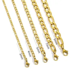 HONGTONG Fashion Figaro Cuban Link Chain Stainless Steel Necklace 45cm/50cm/55cm/60cm 3MM-9MM Gold Color Jewelry Gift Women Men
