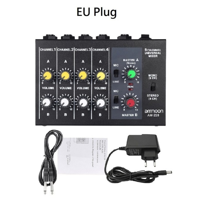 AM-228 Mischpult - ultrakompakt - geräuscharm - 8 Kanäle Audio-Soundmischer mit Netzteil
