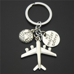 Earth & airplane - silver keychain