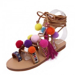 Suede sandals with pompons - leather lacesSandals