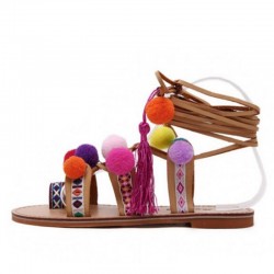 Suede sandals with pompons - leather lacesSandals