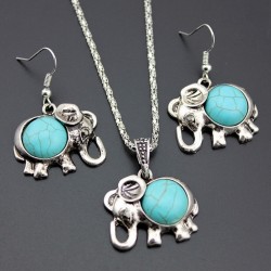 Halskette & Ohrringe mit antiken blauen Elefanten - Schmuckset