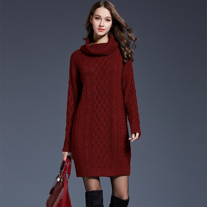 Long knitted sweater with turtleneck - winter dressPlus