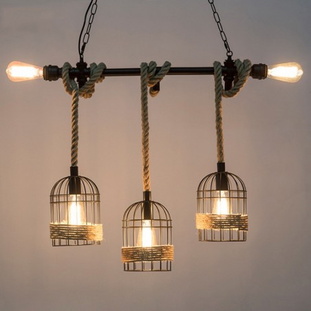 Retro iron hanging lamp with hand knitted rope - lights in cageWall lights