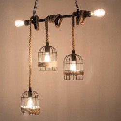 Retro Eisen Hängelampe mit Handstrickseil - Lichter in Käfig