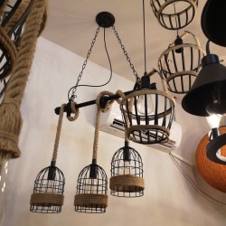 Retro Eisen Hängelampe mit Handstrickseil - Lichter in Käfig