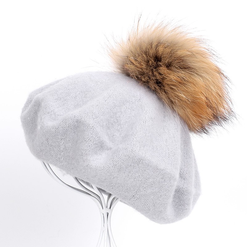Elegantes Beret mit Pelz Pom-Pom