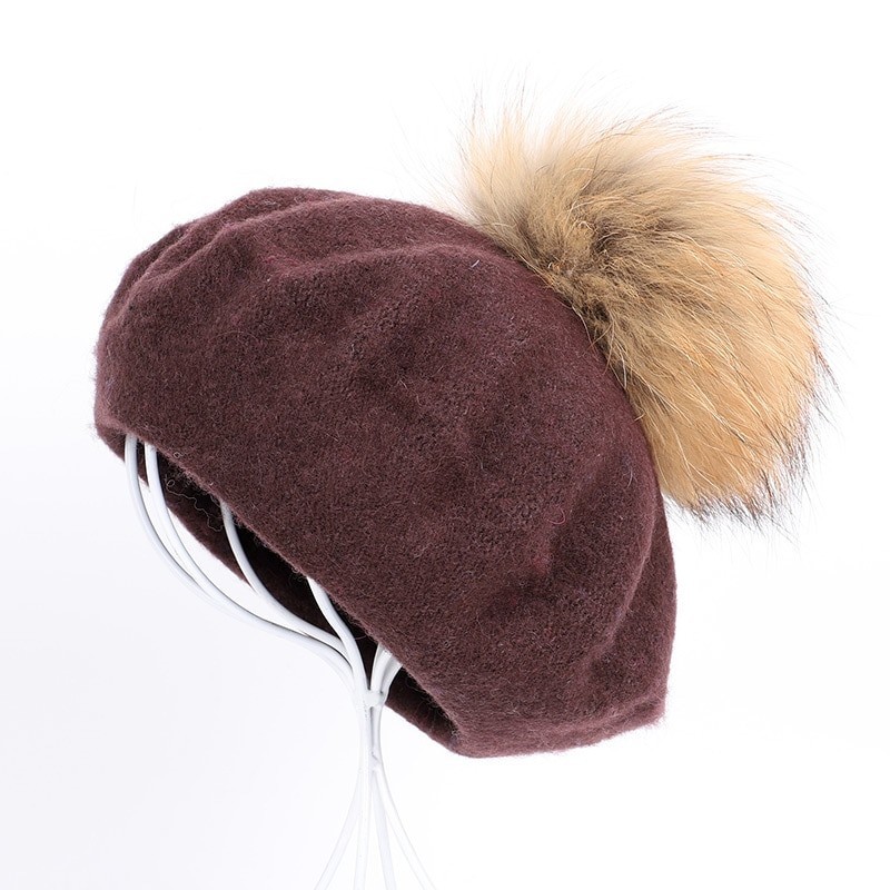 Elegantes Beret mit Pelz Pom-Pom