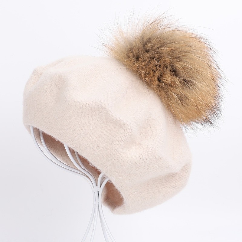 Elegantes Beret mit Pelz Pom-Pom