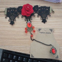 Gothic style lace bracelet with red rose & adjustable ringBracelets