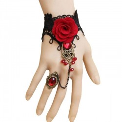 Gothic Stil Spitze Armband mit roten Rose & verstellbaren Ring