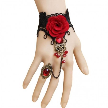Gothic style lace bracelet with red rose & adjustable ringBracelets