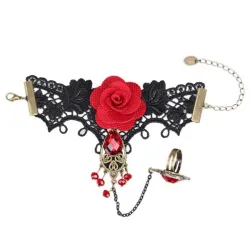 Gothic style lace bracelet with red rose & adjustable ringBracelets