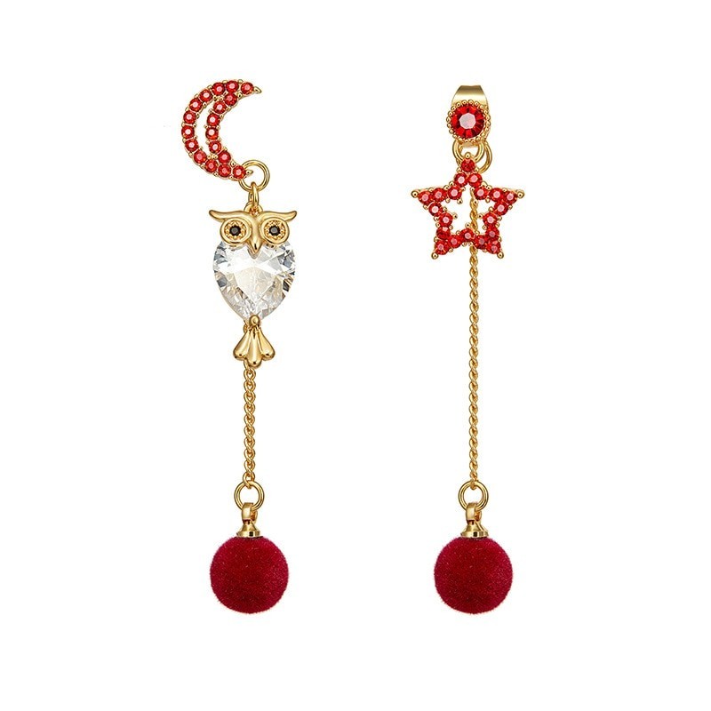 Crystal owl - star & moon - long earrings with ballsEarrings